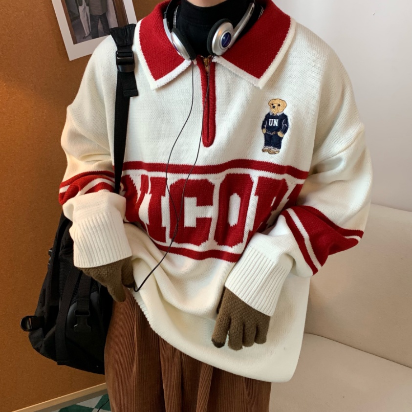 Áo thun polo dệt kim tay dài in chữ phong cách Hàn Quốc thời trang cho nam nữ áo len dệt kim Unisex có ve áo thời trang áo len dệt kim cặp đôi giản dị form rộng hàng đầu