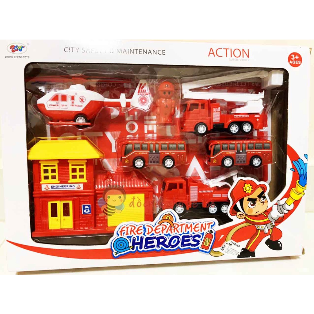 Bộ 5 xe ô tô cứu hỏa, máy bay nhà mô hình mini bằng nhựa đồ chơi trẻ em