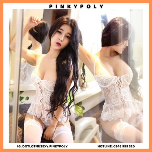 Bodysuits đan dây ngực quyến rũ sexy, bộ ngủ liền thân có kèm tất cao cấp PinkyPoly BDS04