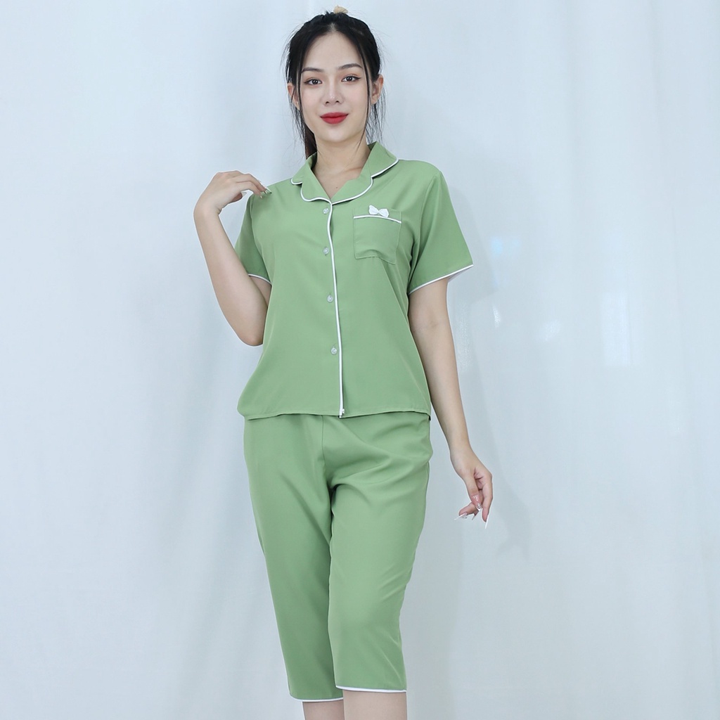 Bộ quần áo Pijama nữ XANH ĐẬU Ngắn Tay Quần Lửng vải  lụa cao cấp - Thoáng Mát Thoải Mái - Mặc là thích ngay !