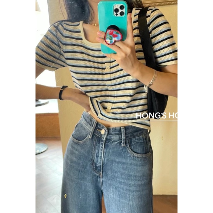 DUNEA Áo Thun Lửng Dệt Kim Họa Tiết Kẻ Sọc Thời Trang Mùa Hè Cho Nữ