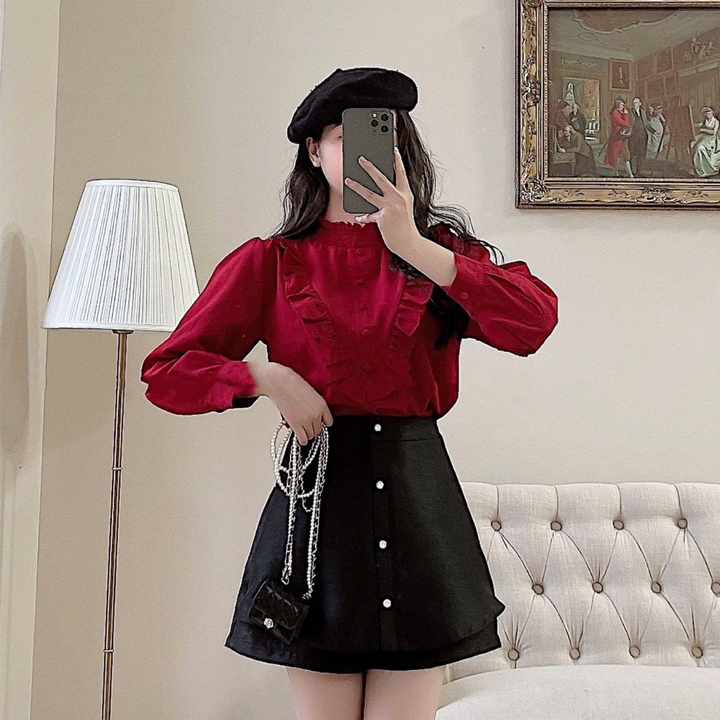 Áo sơ mi kiểu nữ Ulzzang, Áo sơ mi cổ bèo chun phối khuy cách điệu