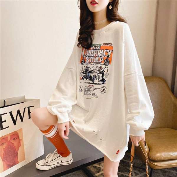 Áo Sweater Tay Dài Dáng Rộng Vải Cotton Mỏng In Họa Tiết Rách Thời Trang 2020 Cho Nữ