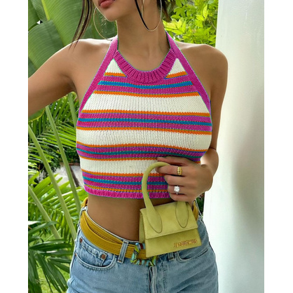 Áo Croptop Không Tay Cổ Yếm Thắt Nơ Lưng Họa Tiết Kẻ Sọc Gợi Cảm Cho Nữ