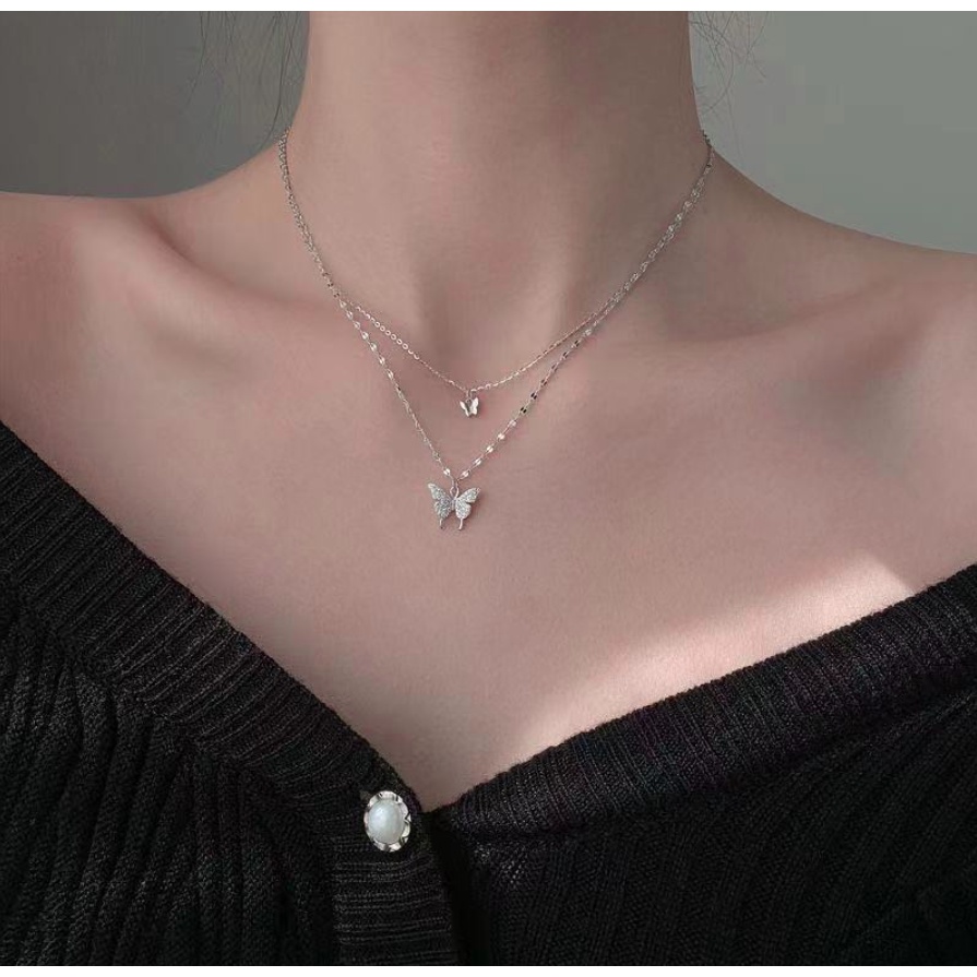 Vòng cổ dây chuyền nữ choker 2 lớp cánh bướm đính đá zircon phong cách hàn quốc cool ngầu cá tính tặng hộp