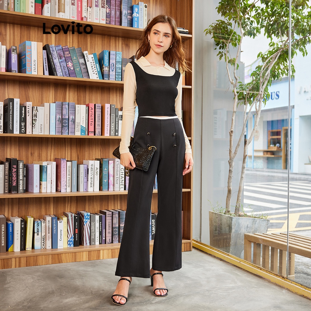 Lovito BACK TO SCHOOL Preppy Plain Stitching Dài tay Áo thun có cổ L32EE016 (Đen)