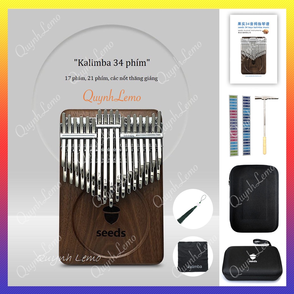 Đàn Kalimba 34 phím QUYNHLEMO, SEEDS , gỗ Óc Chó Đen Bắc Mỹ , Piano ngón tay cái , phụ kiện tặng kèm hấp dẫn