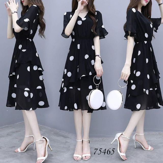 Mẫu váy đầm xòe dự tiệc chấm bi 2 tầng giá rẻ đẹp xinh xắn, mẫu váy đầm che khuyết điểm bụng