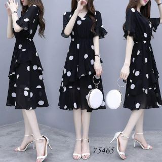Mẫu váy đầm xòe dự tiệc chấm bi 2 tầng giá rẻ đẹp xinh xắn, mẫu váy đầm che khuyết điểm bụng