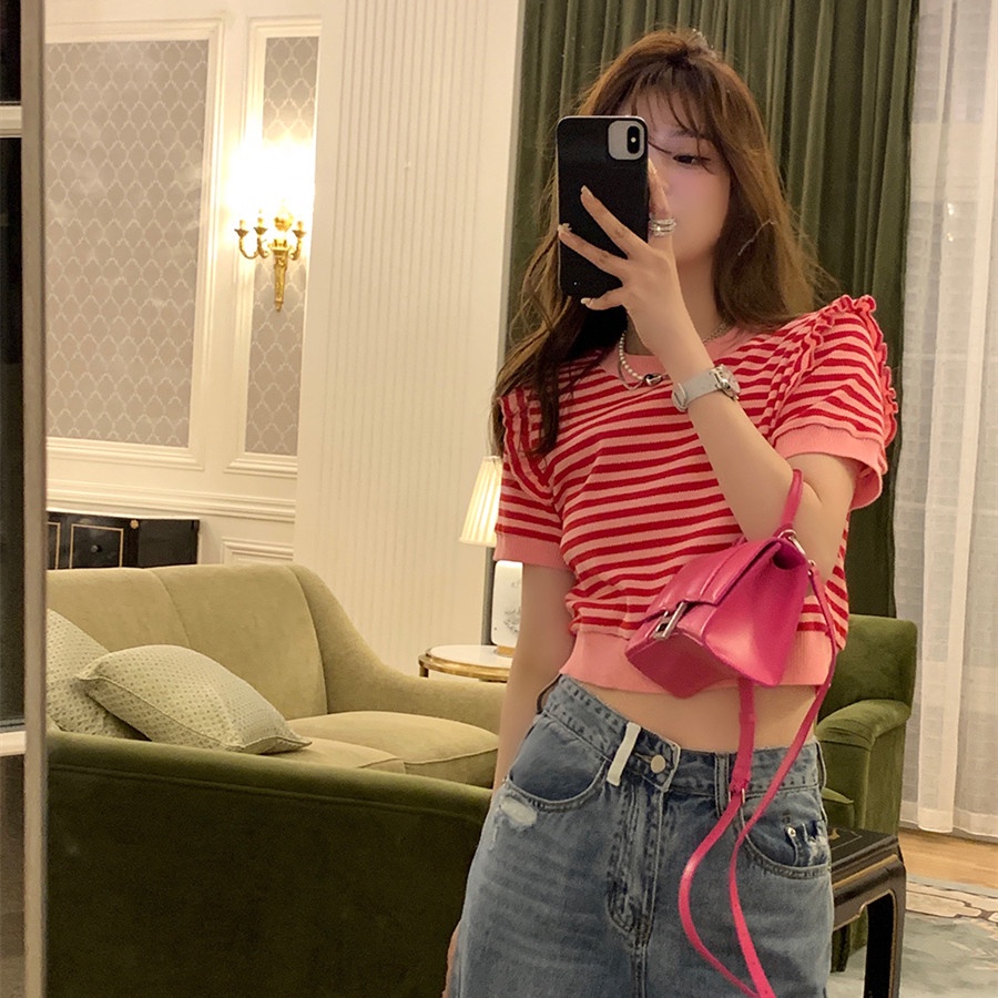 Áo dệt kim ZHELIHANGFEI tay ngắn họa tiết kẻ sọc thời trang cho nữ