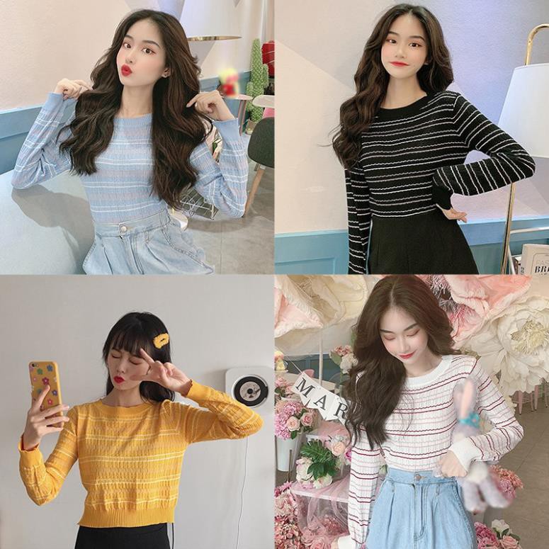 Áo thun sweater Hàn Quốc dài tay sọc trắng đen dành cho nữ  ྇