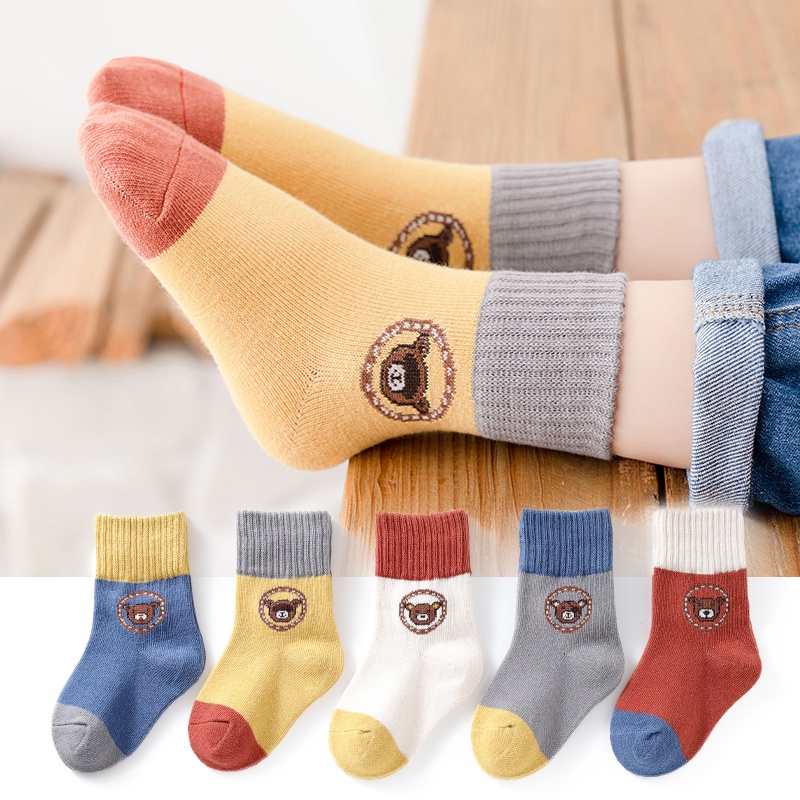 Set 5 Đôi Vớ Cổ Trung In Họa Tiết Hoạt Hình Màu Sắc Tương Phản Thời Trang Cho Bé