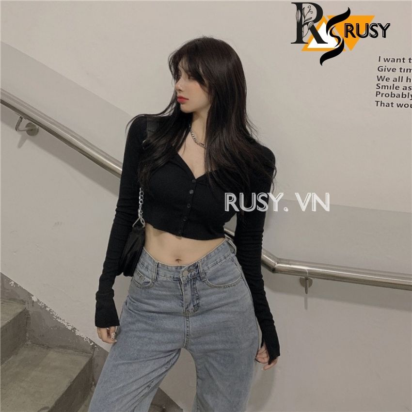 Áo Croptop tay dài nút cài chất thun gân dày dặn cao cấp basic cá tính crt trắng đen đơn giản