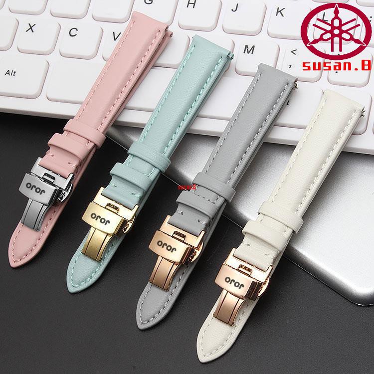 Dây Đeo Đồng Hồ Bằng Da Thật Màu Hồng / Trắng Họa Tiết Bướm 14 15 16 17 18mmYY