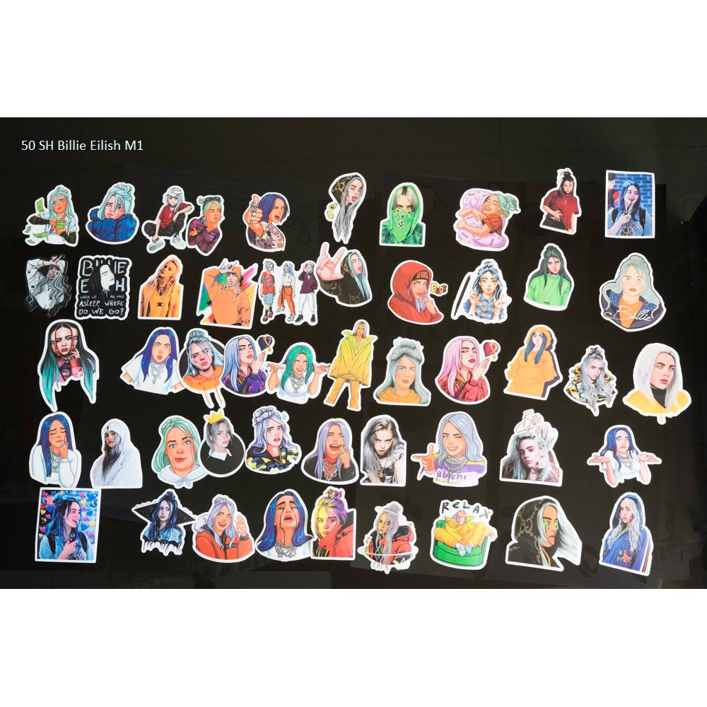 Bộ 50 miếng dán sticker, stickers cao cấp chủ đề Billie Eilish trang trí Vali Laptop Mũ Bảo Hiểm Xe Máy Guitar Ukelele