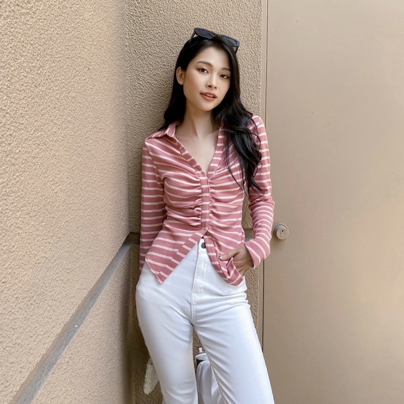 Áo thun polo nữ tay dài xếp nhún MIEU - JJ07