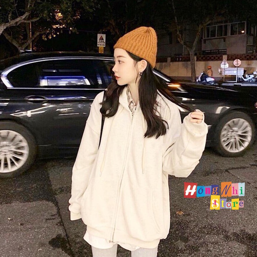 Áo Khoác Hoodie Zip Trơn Oversize Ulzzang Unisex Hoodie Dây Kéo Màu Kem Dáng Rộng - MM