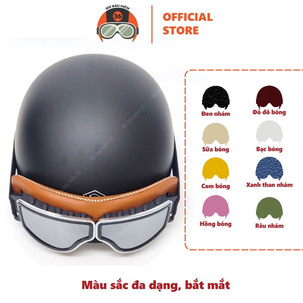 Mũ bảo hiểm nửa đầu SUNDA HALYA kèm kính phi công viền da cao cấp