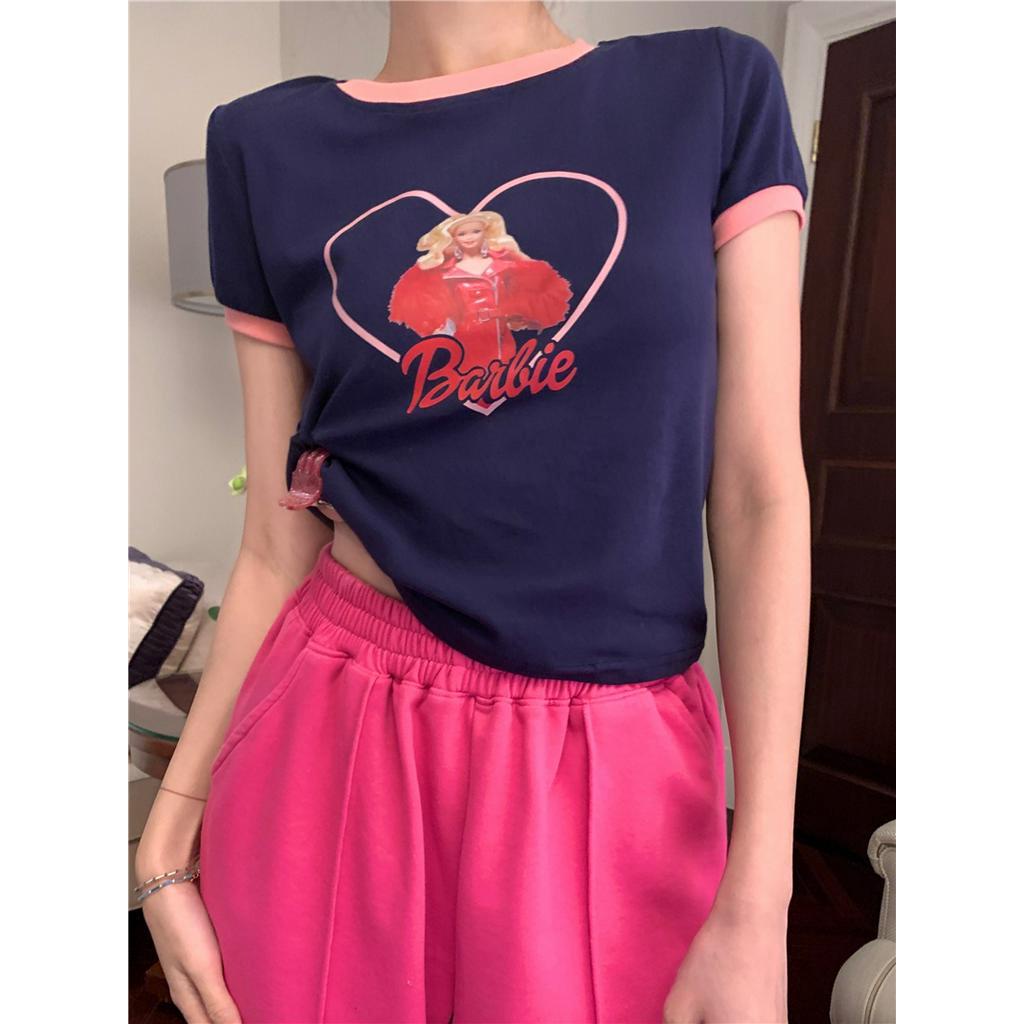 Áo Thun Mùa Hè 62571 Dáng Ngắn In Họa Tiết Màu Sắc Tương Phản Phong Cách Mỹ Cổ