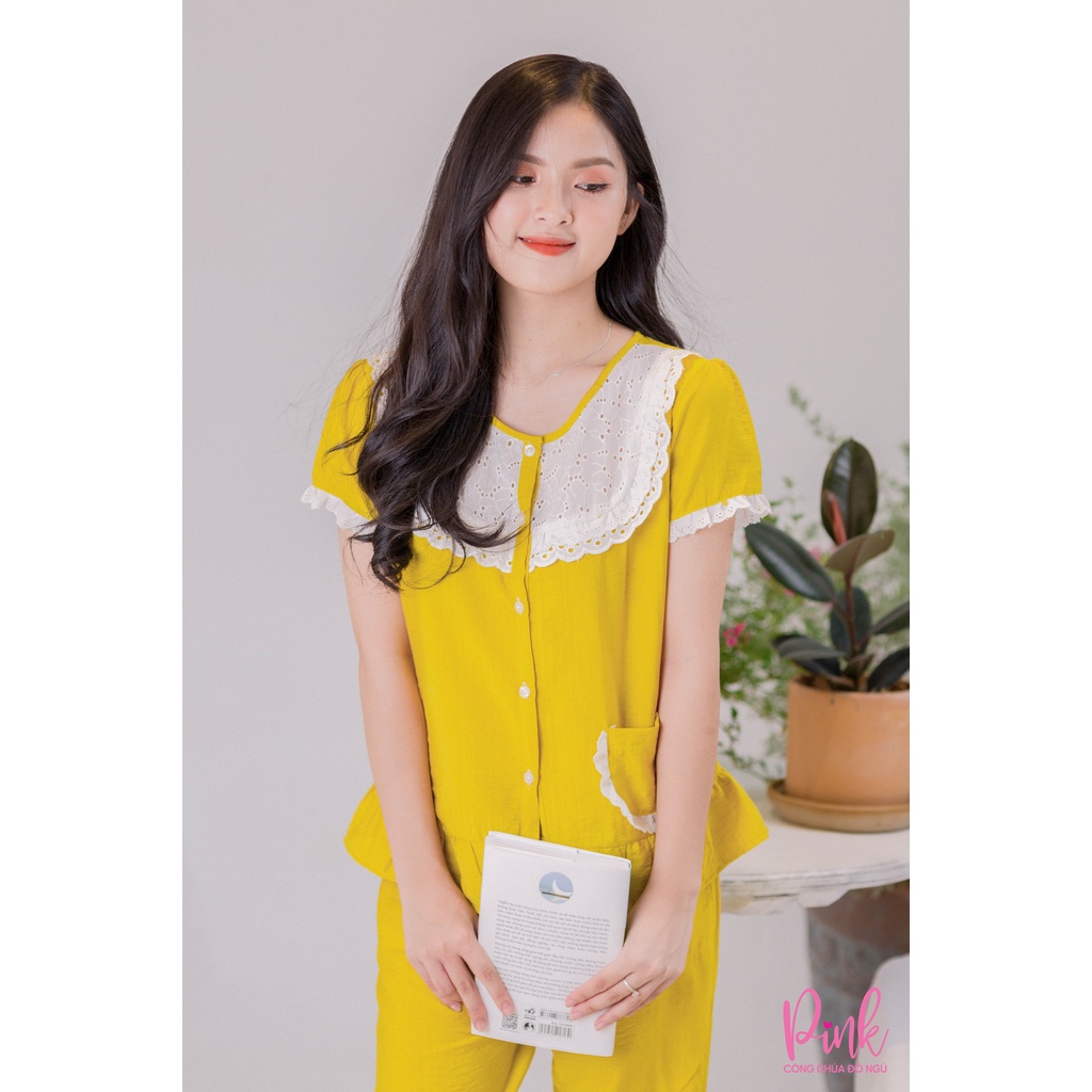 Bộ Pijama Nữ Màu Vàng Tay Ngắn Vải Đũi Chất Lượng Mềm Mịn Mát Đồ Ngủ Dễ Thương Nữ Tính Trẻ Trung Phong Cách Hàn Quốc