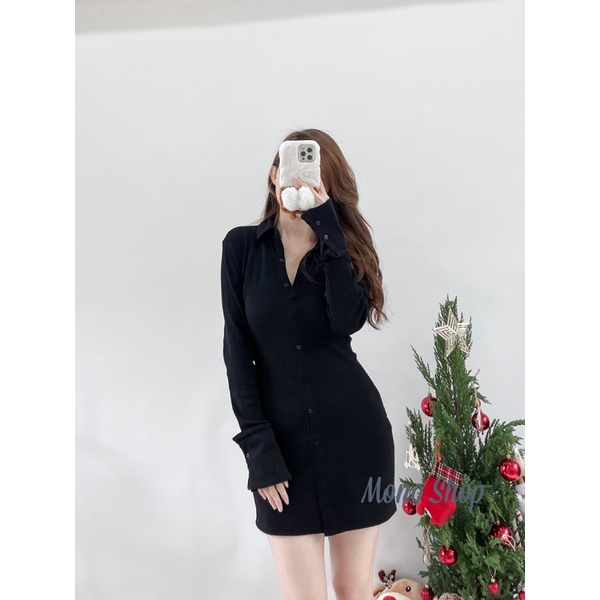 [Mã FAMARAL1 giảm 10K đơn 50K] Đầm body thun tăm cổ sơ mi cài nút trên dài tay Ảnh thật/ sẵn | BigBuy360 - bigbuy360.vn