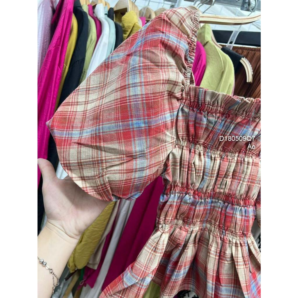 Áo kiểu peplum kẻ caro nhún thân trên thắt dây nơ lưng tay bồng!