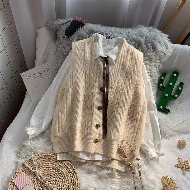 Set áo khoác ghi lê + áo sơ mi kèm quần jean lưng cao thời trang cho nữ