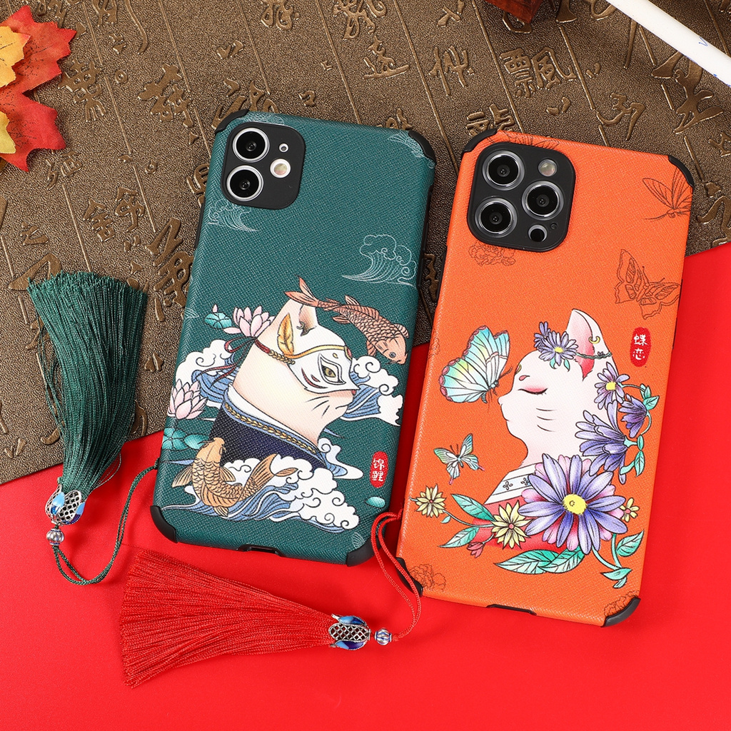 Lambskin soft case phone FOR OPPO RENO4 F11 A9 A5 A31 2020 A3S A5S  A52 A92 RENO 2 Z 2F 3 4 4SE PRO  Carp Butterfly with Tassel Lanyard for IPHONE Case of siliconse Cover