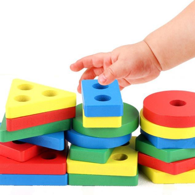 Đồ chơi gỗ,Thả Hình Khối Luồn Cọc Montessori 4 cọc - Giúp bé Học Phân Biệt Màu Sắc, Hình Khối