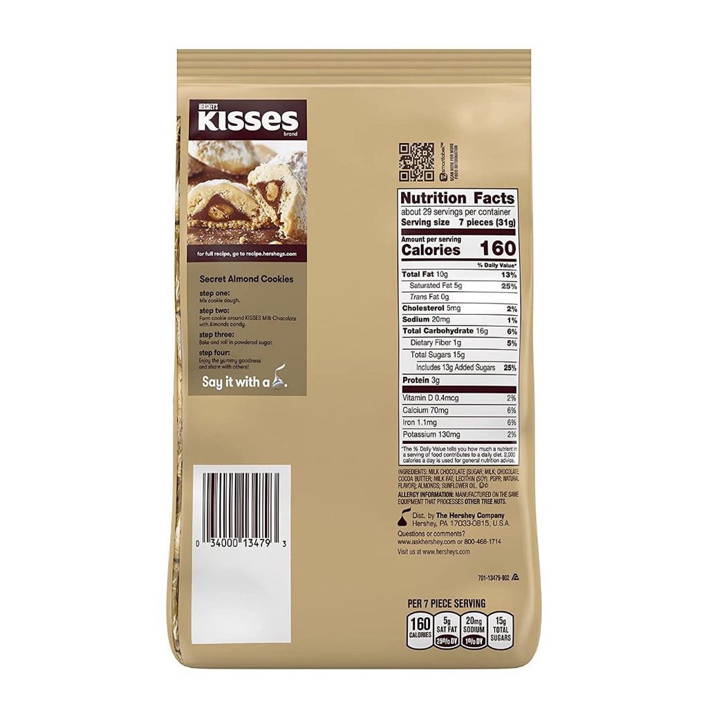 TÚI 907g SOCOLA SỮA HẠNH NHÂN HERSHEY'S KISSES Milk Chocolate with Almonds Candy (32oz)