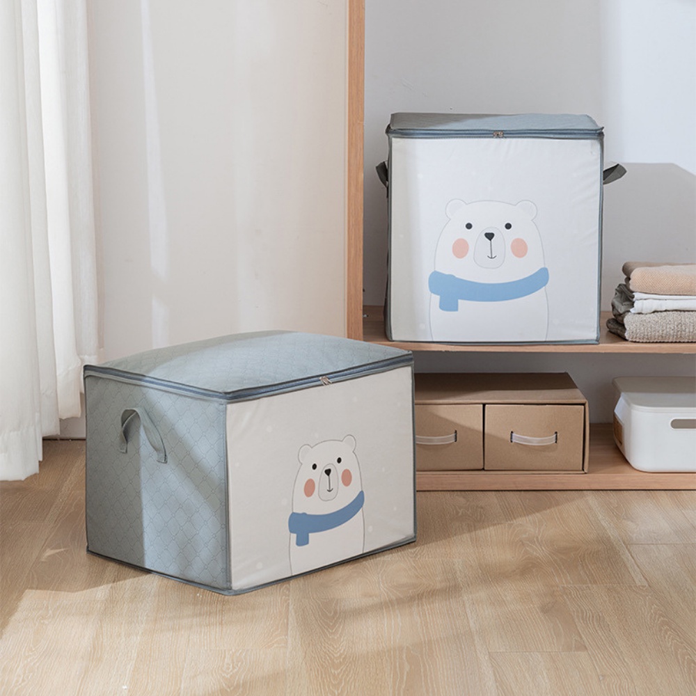 Túi vải đựng chăn màn quần áo có nắp khóa túi xám hình gấu trắng đeo khăn chống ẩm gấp gọn đa năng họa tiết dễ thương