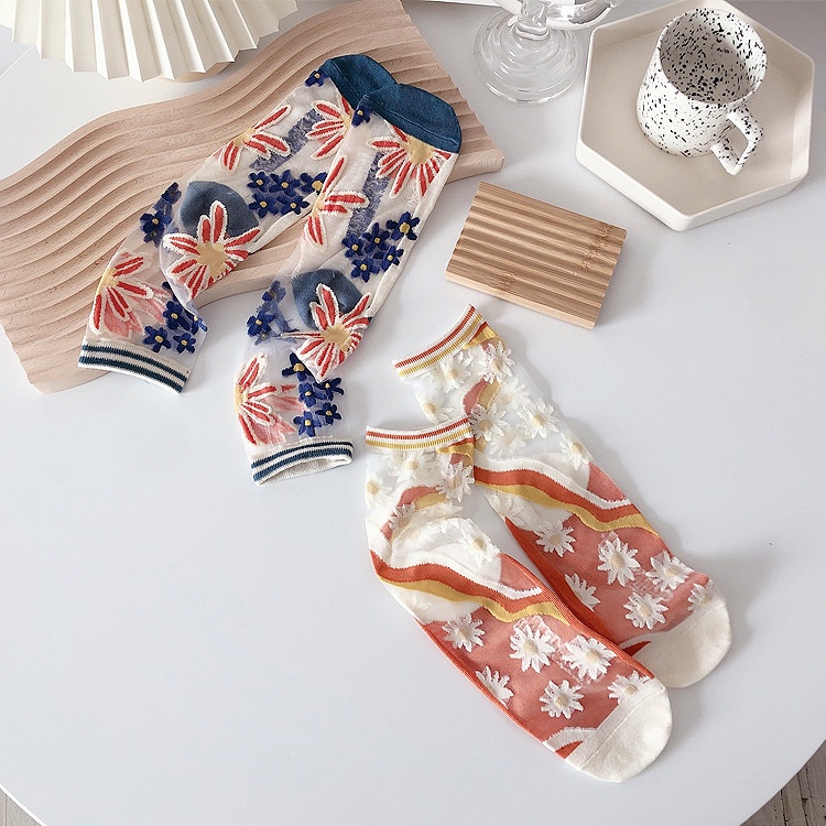 WAFNHA D419 Vớ Nữ Trong Suốt Họa Tiết Hoa Lãng Mạn