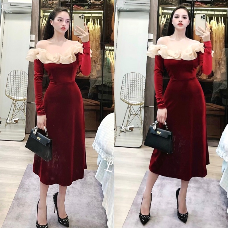 Váy nhung trễ vai cổ bèo dáng váy dài đi tiệc. Đầm nhung thiết kế dài tay