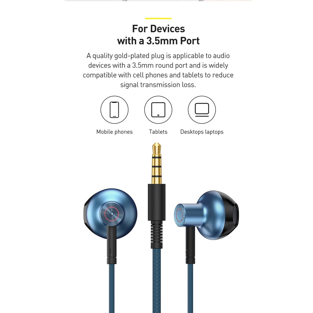 Tai nghe nhét tai có dây Baseus H19, âm thanh nổi 6D, jack 3.5mm, có mic tương thích mọi thiết bị