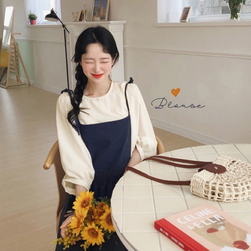 Set áo sơ mi đũi + váy yếm dài siêu xinh