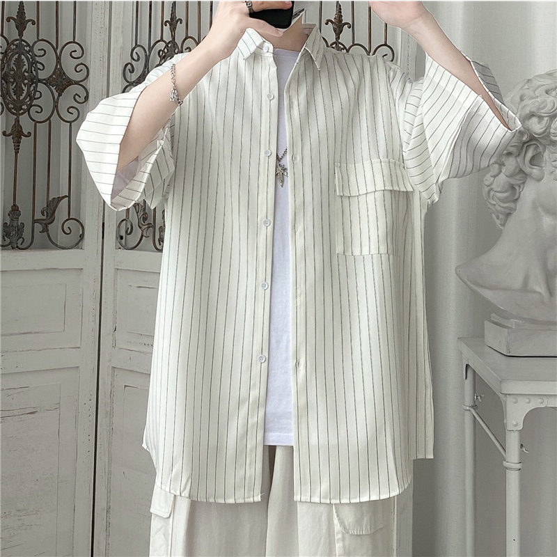 Áo Sơ Mi Tay Ngắn Dáng Rộng Họa Tiết Kẻ Sọc Thời Trang Mùa Hè Cho Nam Size M-3XL