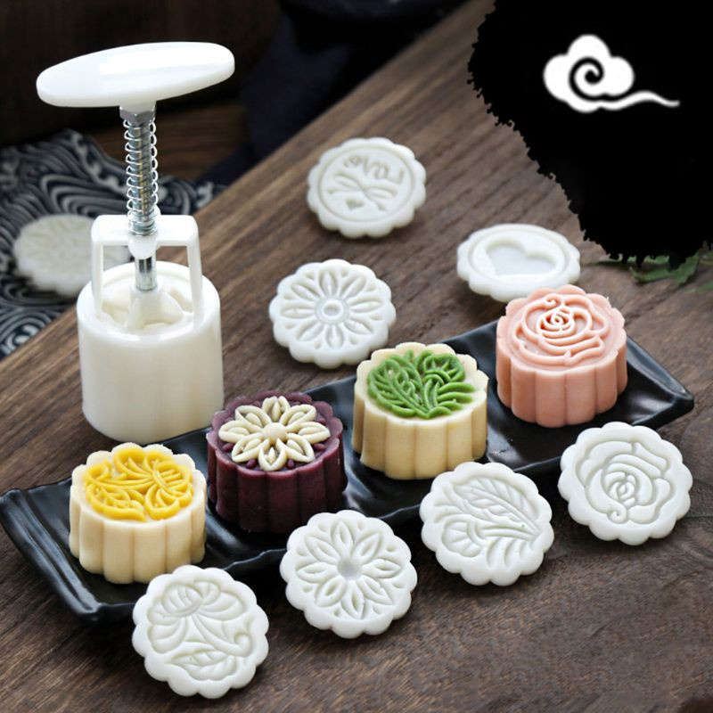 be❀  4pcs Hand Press Cookie Stamp Moon Cake Decor Barrel Mooncake Mold 125g Pastry DIY Tool