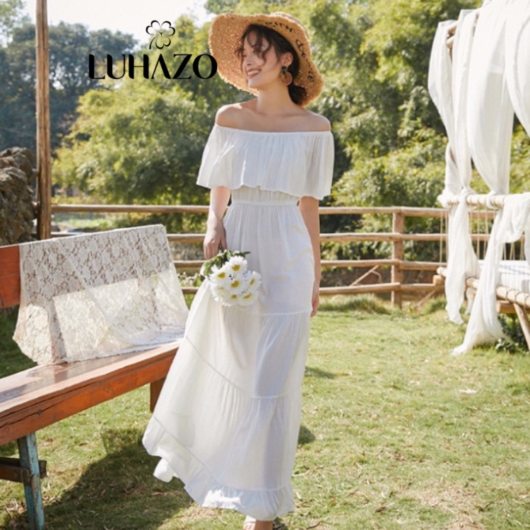 Váy trắng trễ vai bèo LUHAZO dáng dài maxi đi biển trắng chun eo dáng xoè chụp kỷ yếu dự tiệc cưới 8885 DK1