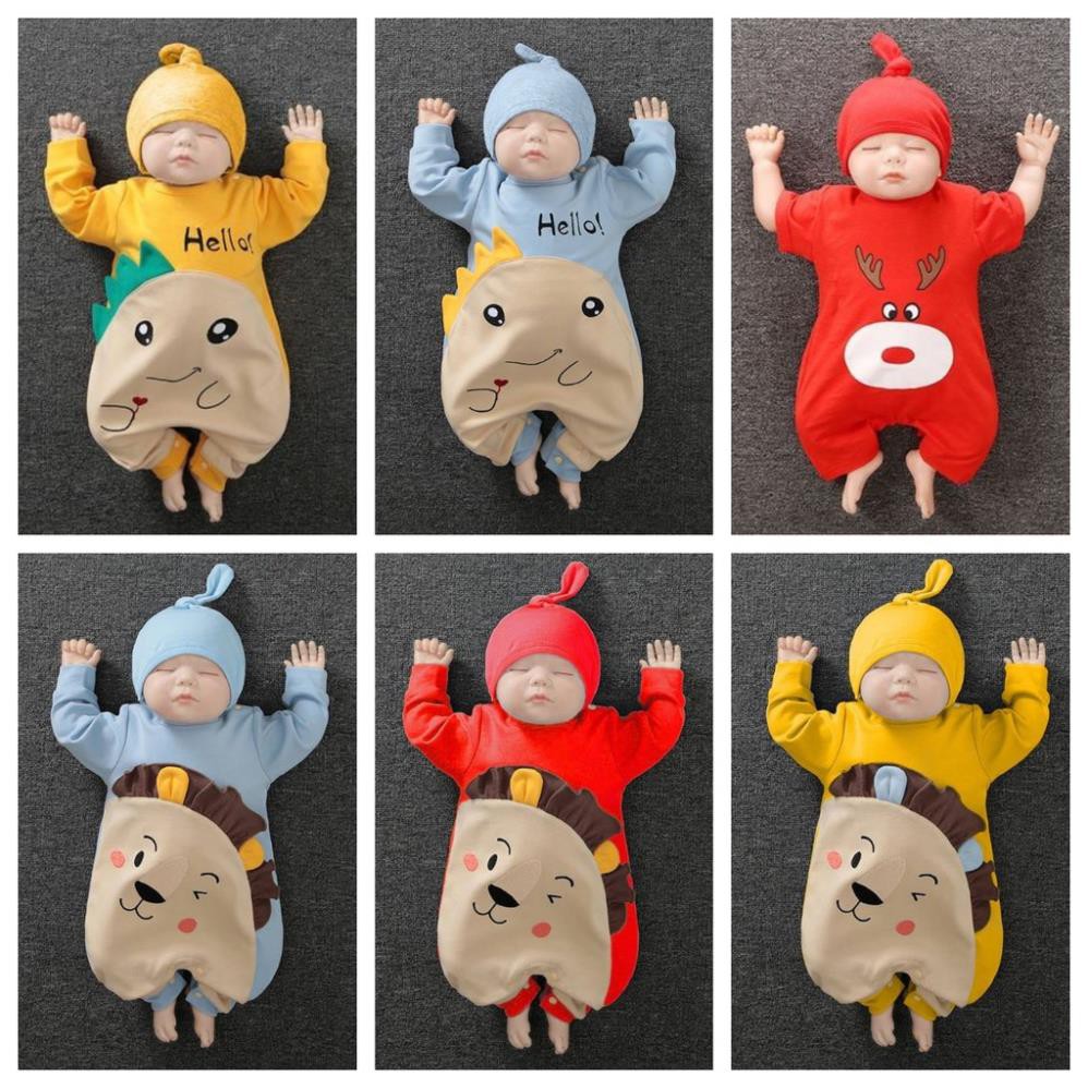 Bộ Body dài tay Thu Đông kèm mũ cho bé trai bé Gái 0-24 Tháng Tuổi vải mềm mại