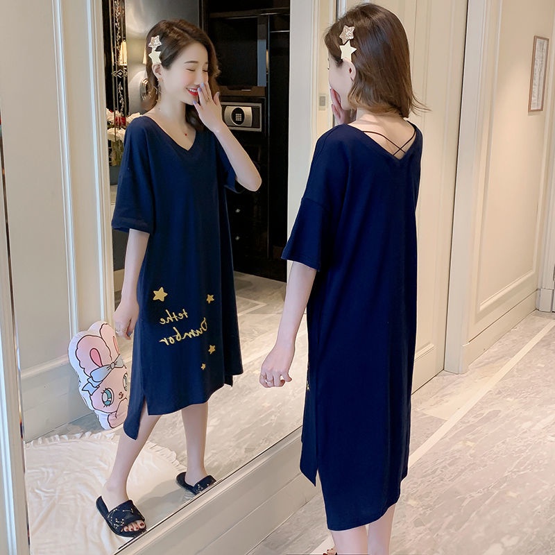 Váy ngủ 100% cotton cho phụ nữ mùa hè ngắn tay plus size rộng rãi phong cách Hàn Quốc đồ người béo mm200 catties bà bầu