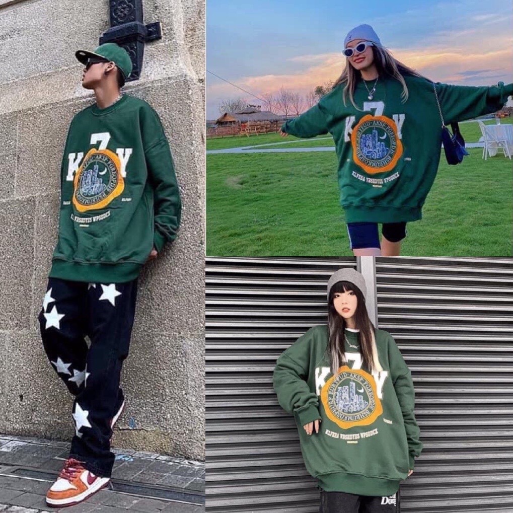 Áo Nỉ Sweater Nam Nữ Áo Nỉ Cổ Tròn K7Y Tay Bồng Xanh Lá Freesize Unisex Phom Rộng