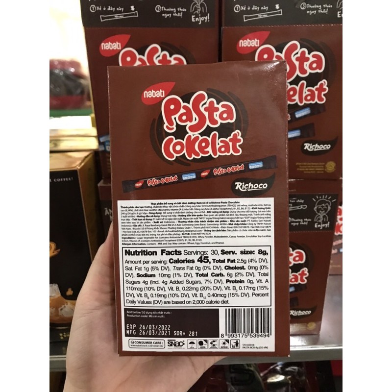 Bánh Kem Socola Richoco Pasta Cokelat Hộp 30 Que x8g