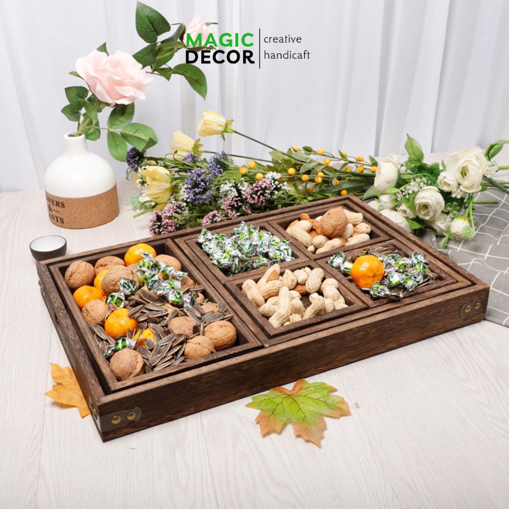 Bộ 7 khay gỗ tối màu, khay đựng ấm chén trà, đựng bánh kẹo Tết, phụ kiện chụp ảnh cực đẹp - Magic Home Decor