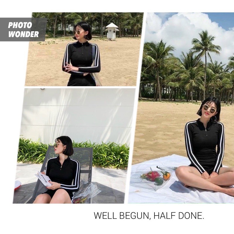 Sét bikini biển nữ ❤️ Hàng Cao Cấp ❤️ Sét đồ bơi nữ áo tay dài kèm quần đen pha trắng