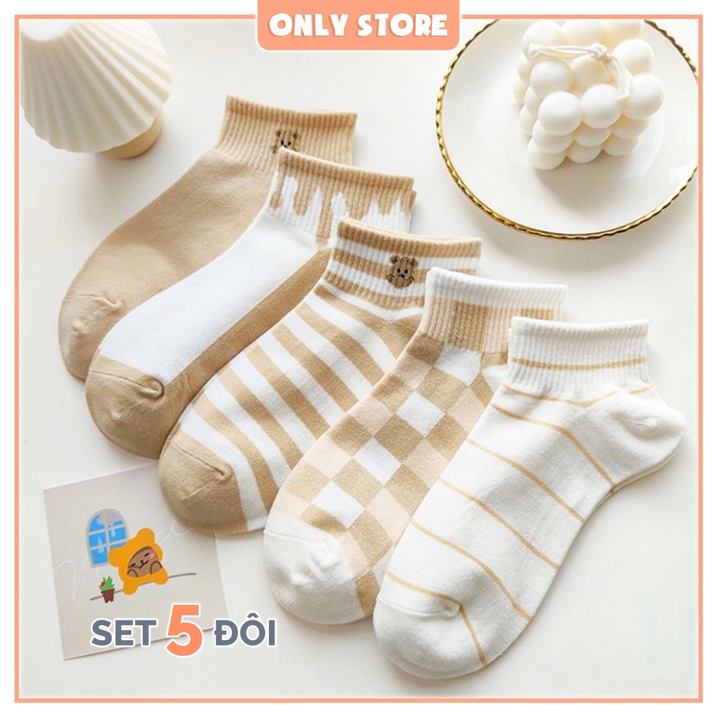 Tất vớ nữ cổ ngắn họa tiết sọc tone nâu dễ thương thời trang Hàn Quốc kèm túi - Only Store