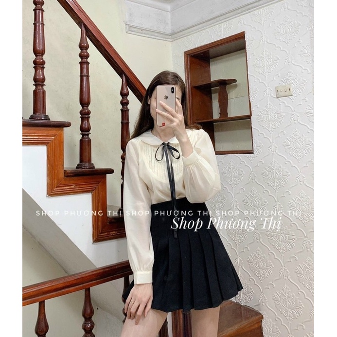 Áo sơmi tơ voan cổ bèo cột nơ trắng be/ sơ mi tay bồng