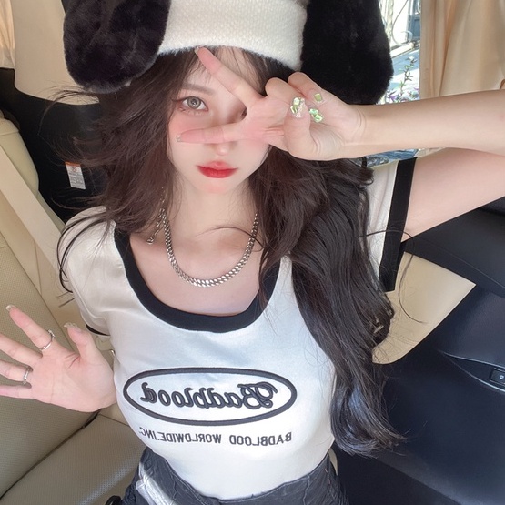 Áo thun dệt kim ZHELIHANGFEI tay ngắn in chữ thời trang cá tính cho nữ