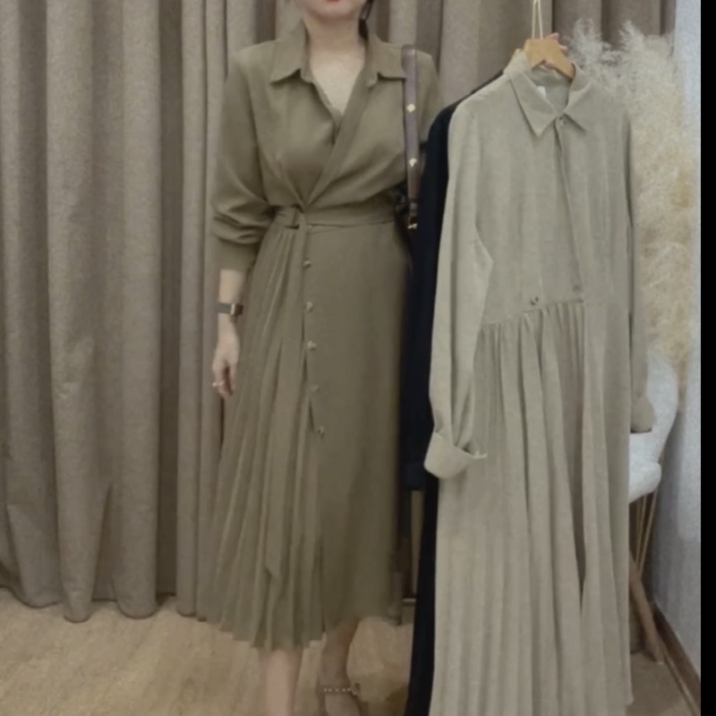 ( Ảnh thật ) V1028 Váy sơ mi chân xếp ly kèm đai