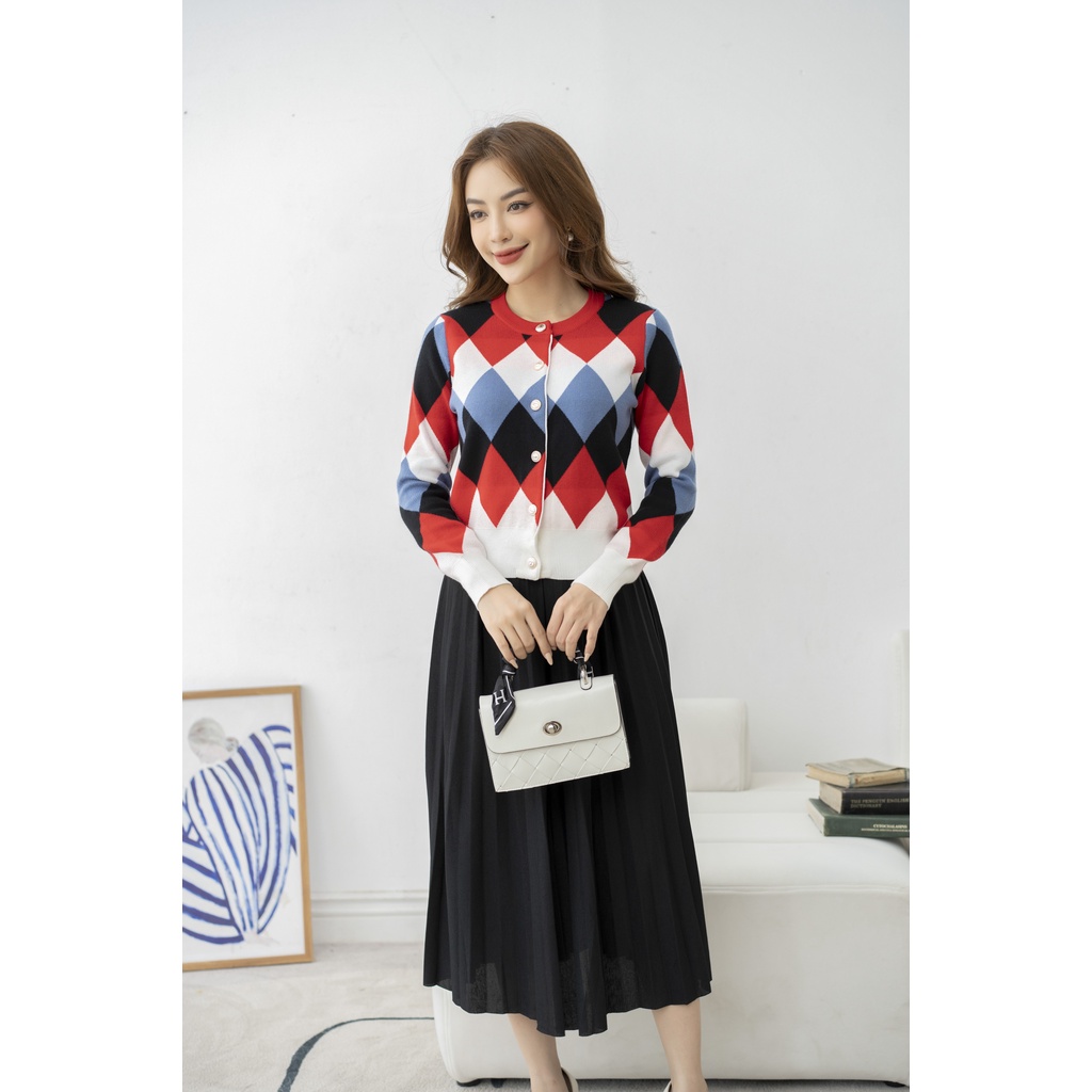 Áo khoác len nữ FIONA cổ tròn, Áo cardigan họa tiết hình thoi phối màu, dài tay mã F852751
