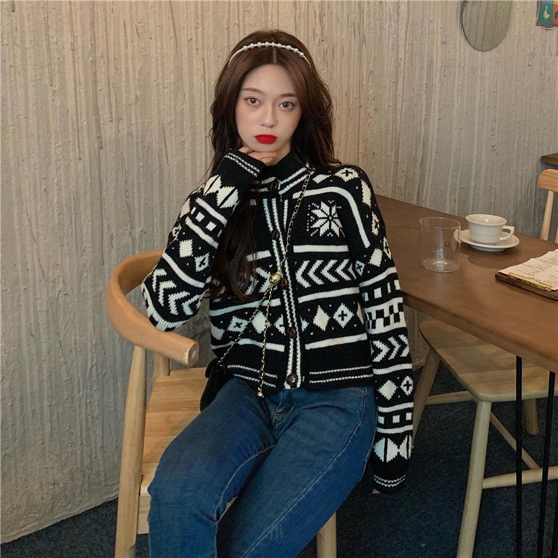 Korean sweater knitted snowflake pattern long-sleeved cardigan women's clothing